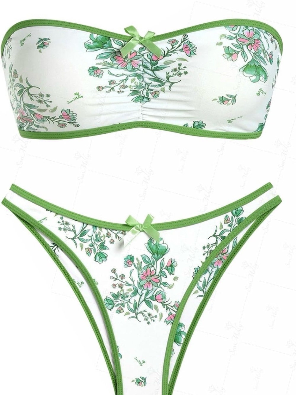 Strapless Floral Bandeau Bikini Set in White & Green